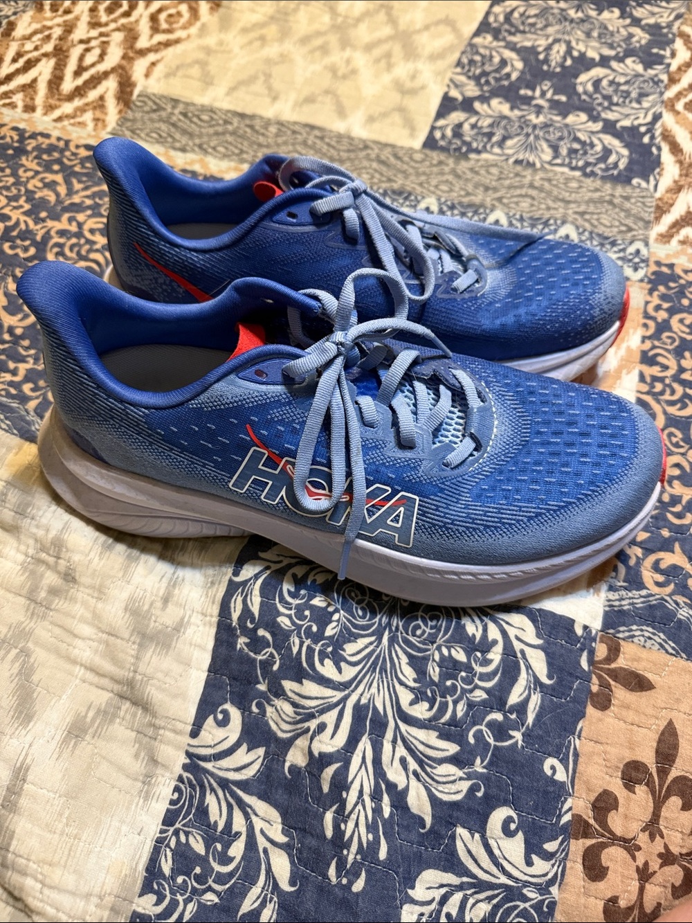 Hoka Blue Athletic Running Shoes with Red Accent